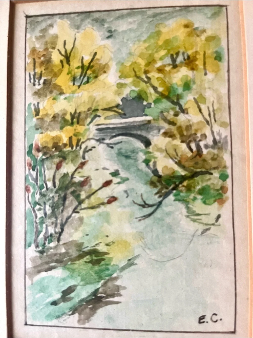HVintage Original Watercolor Landscape | Stone Bridge | Signed E.C. | MCM